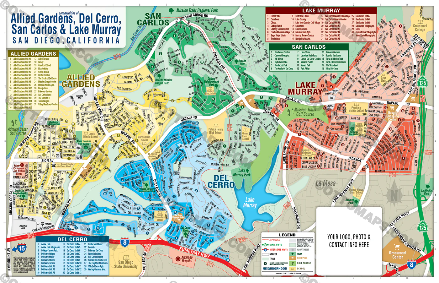 Allied Gardens, Del Cerro, San Carlos & Lake Murray Map, San Diego County, CA - FILES - PDF and AI Files, editable, vector, royalty free - Image 2