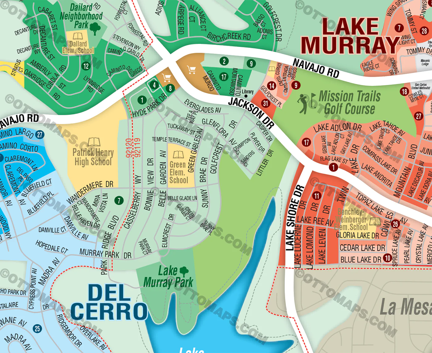 Allied Gardens, Del Cerro, San Carlos & Lake Murray Map, San Diego County, CA - FILES - PDF and AI Files, editable, vector, royalty free - Image 3