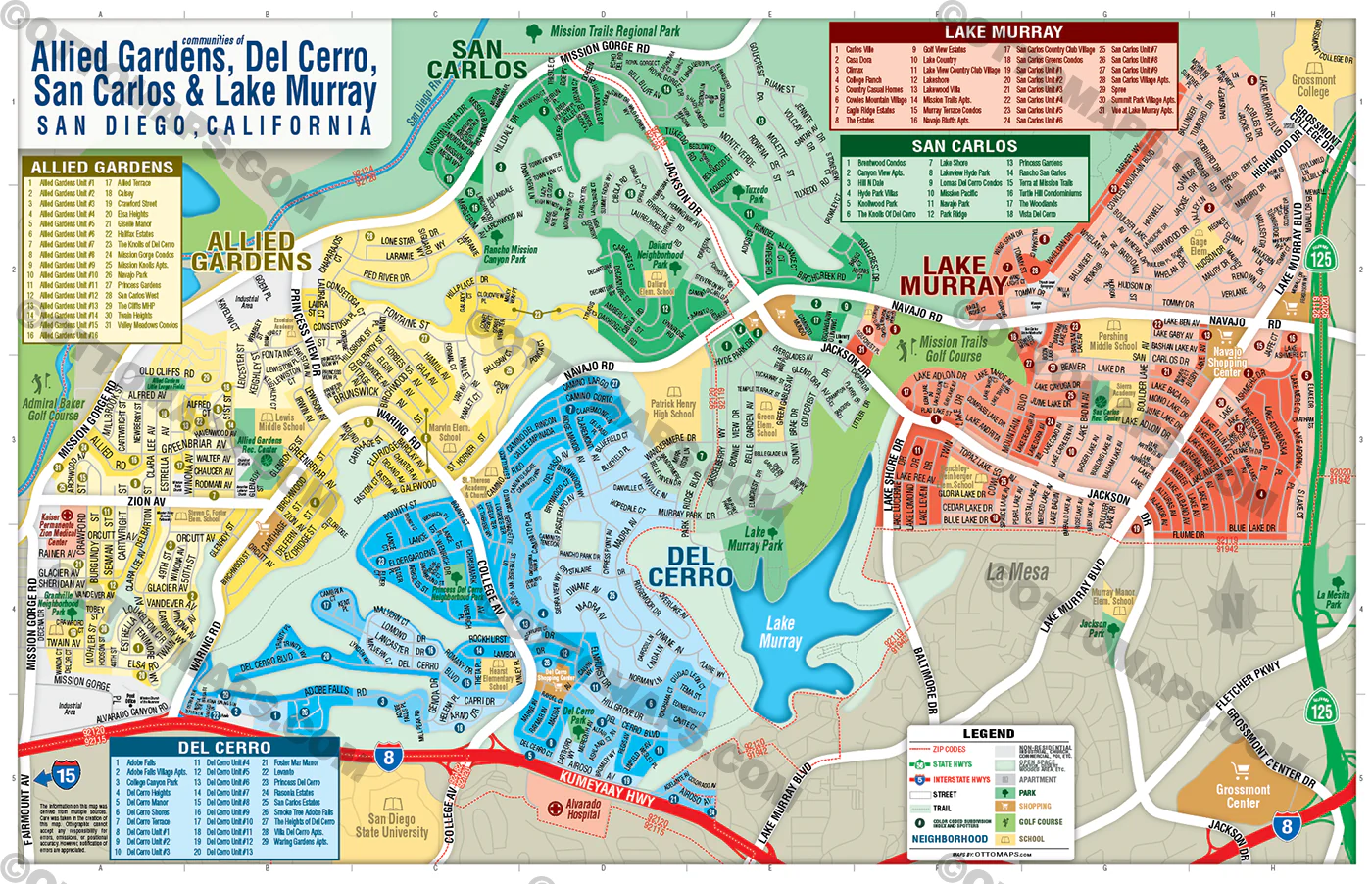 Allied Gardens, Del Cerro, San Carlos & Lake Murray Map, San Diego County, CA - POSTER PRINTS - Image 2