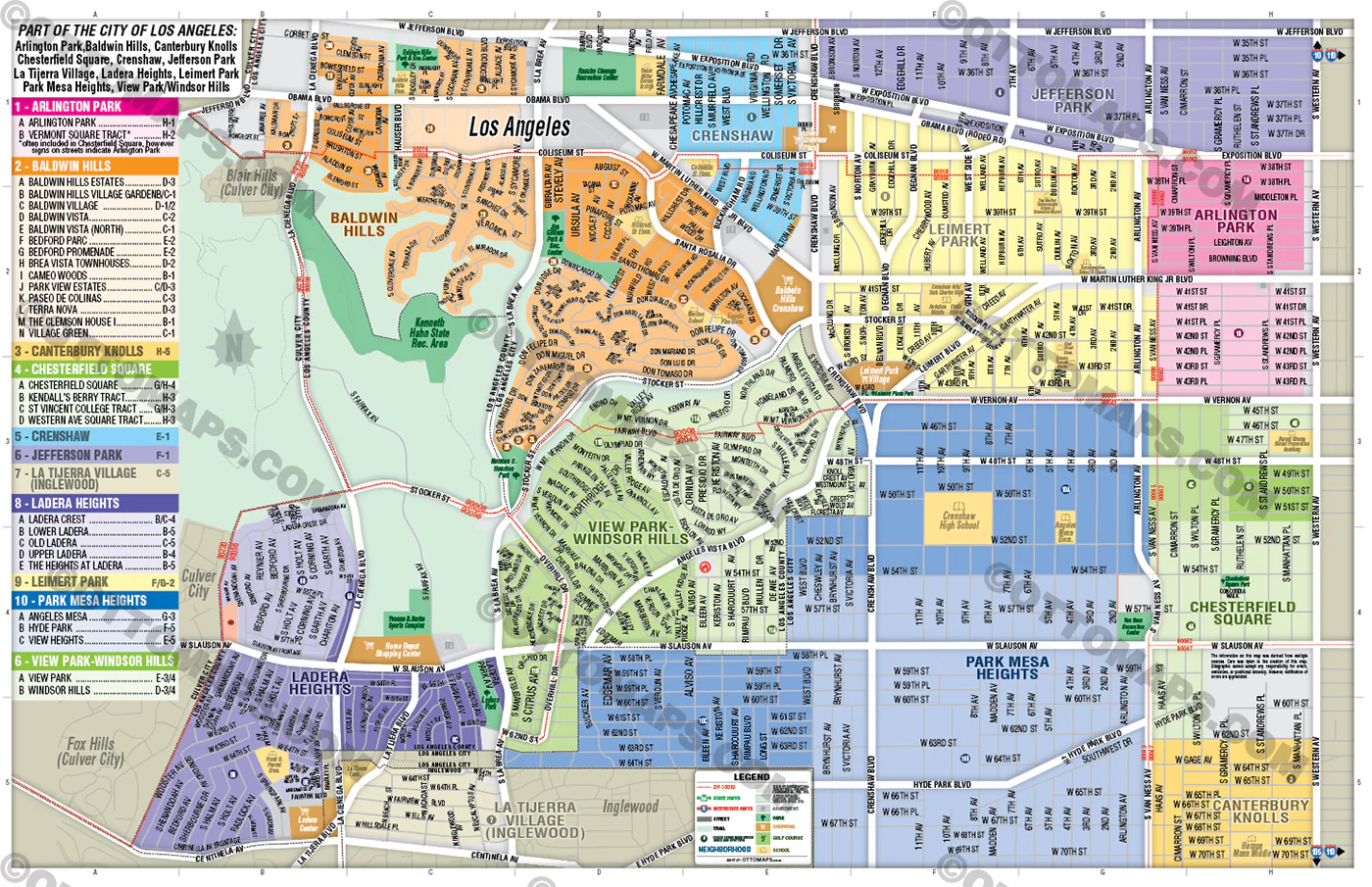 Arlington Park, Baldwin Hills, Chesterfield Square, Crenshaw, Jefferson Park, Ladera Heights, Leimert Park, Park Mesa Heights and View Park-Windsor Hills Map, Los Angeles County, CA - FILES - PDF and AI Files, editable, vector, royalty free - Image 3