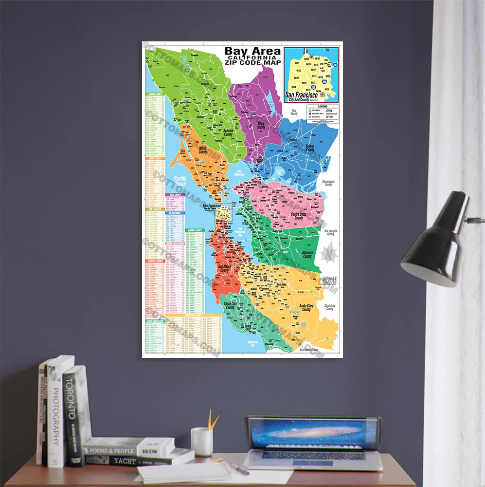 Bay Area Zip Code Map (Counties colorized) - POSTER PRINTS