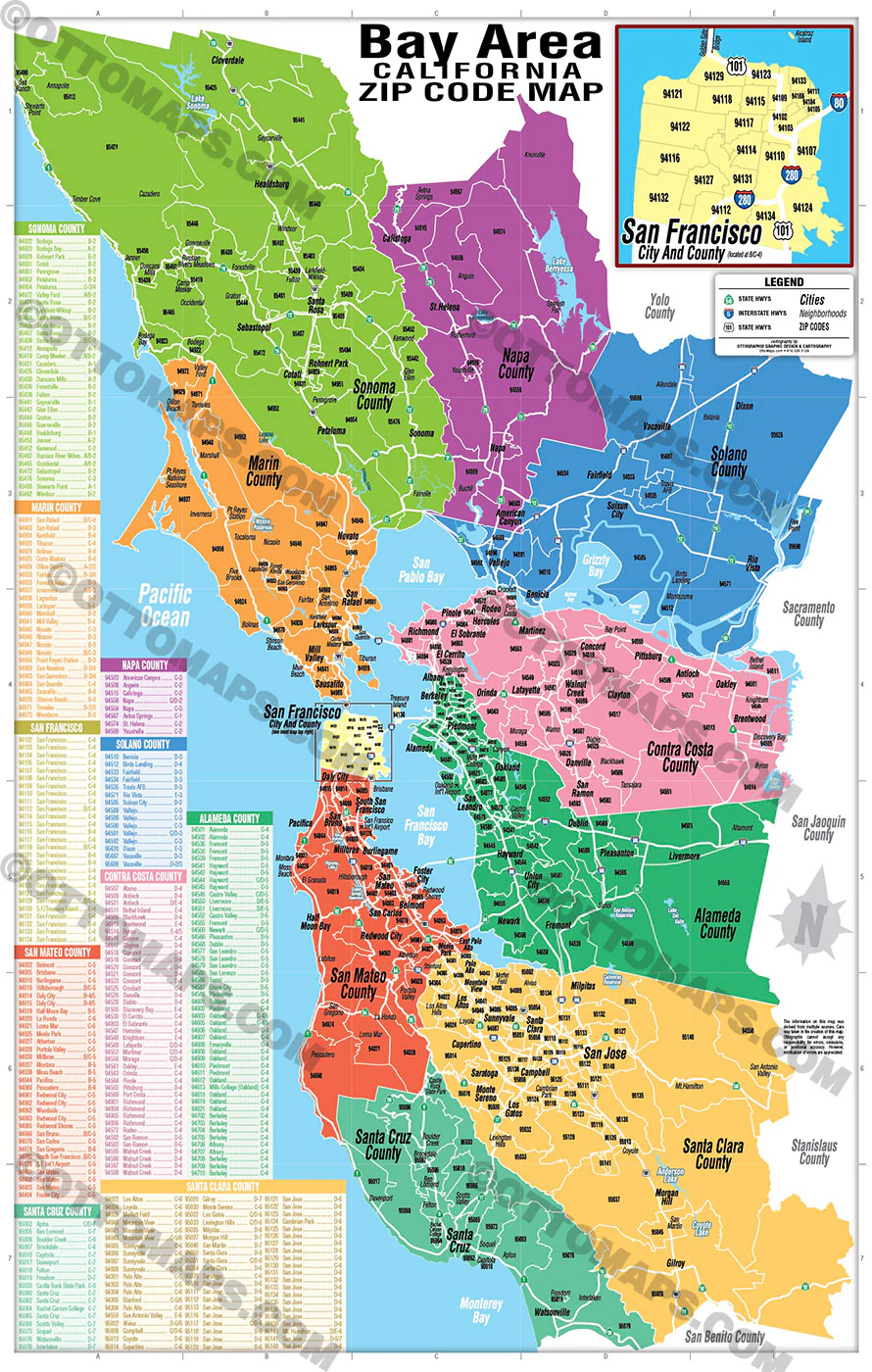 Bay Area Zip Code Map (Counties colorized) - POSTER PRINTS - Image 2