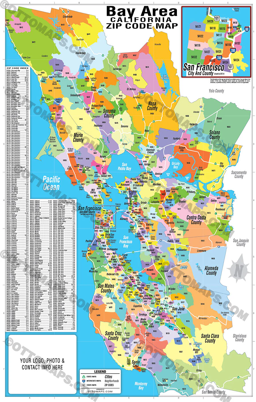 Bay Area Zip Code Map (Zip Codes colorized) - FILES - PDF and AI Files, editable, vector, royalty free - Image 3