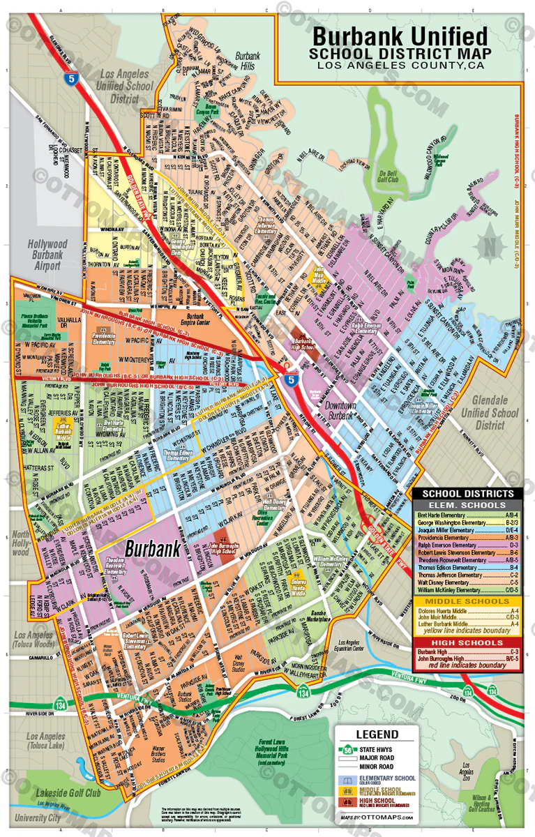 Burbank Unified School District Map, Los Angeles County, CA - FILES - PDF and AI, editable, vector, royalty free