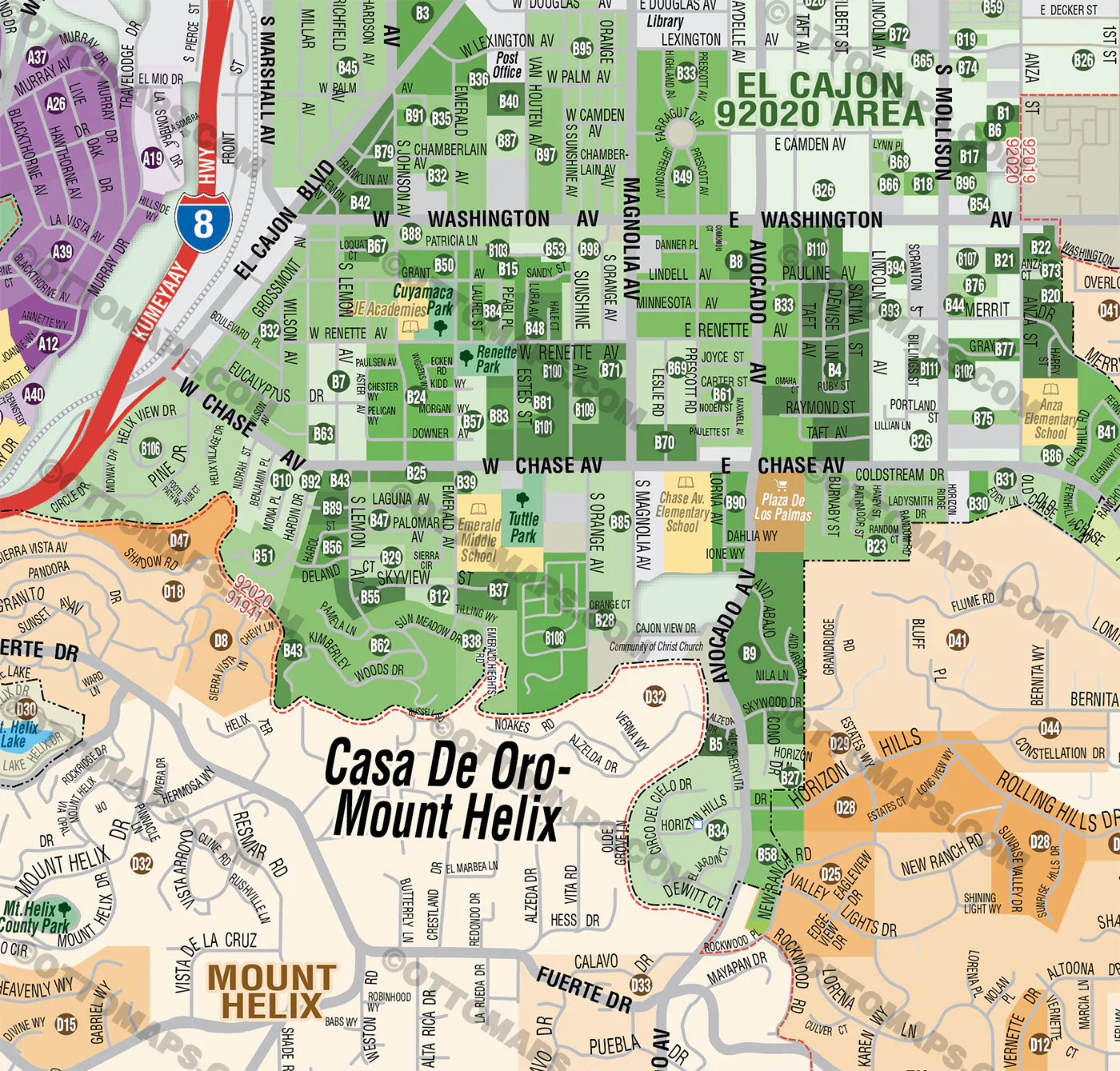 Casa De Oro - Mt Helix Map, with Fletcher Hills and El Cajon 92020, San Diego County, CA - FILES - PDF snd AI, editable, vector, royalty free - Image 2