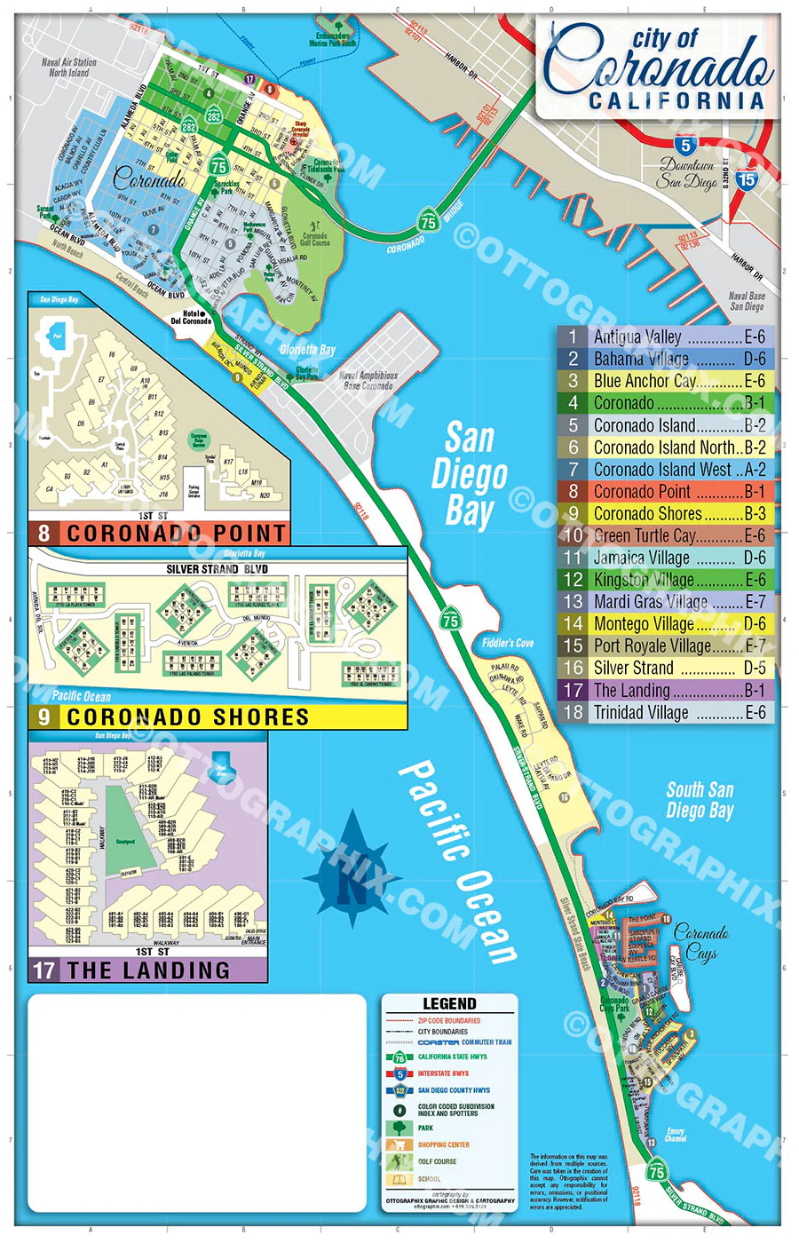 Coronado Map (3 options (Full, North & South), San Diego County, CA - FILES - PDF and AI, editable, vector, royalty free