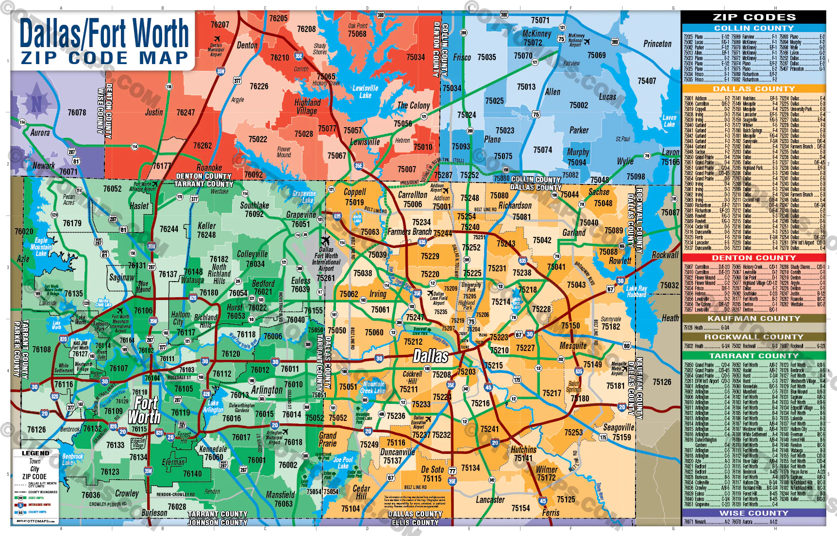Dallas Fort Worth Zip Code Map - Counties Colorized - FILES - PDF and AI, layered, editable, vector, royalty free - Image 2