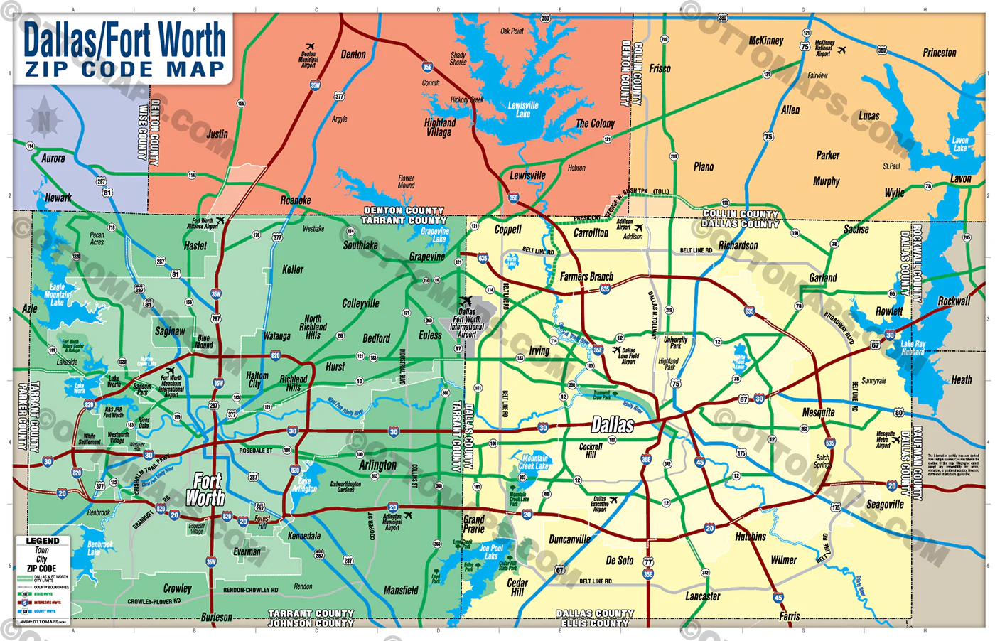 Dallas Fort Worth Map - no zip codes - FILES - PDF and AI, layered, editable, vector, royalty free