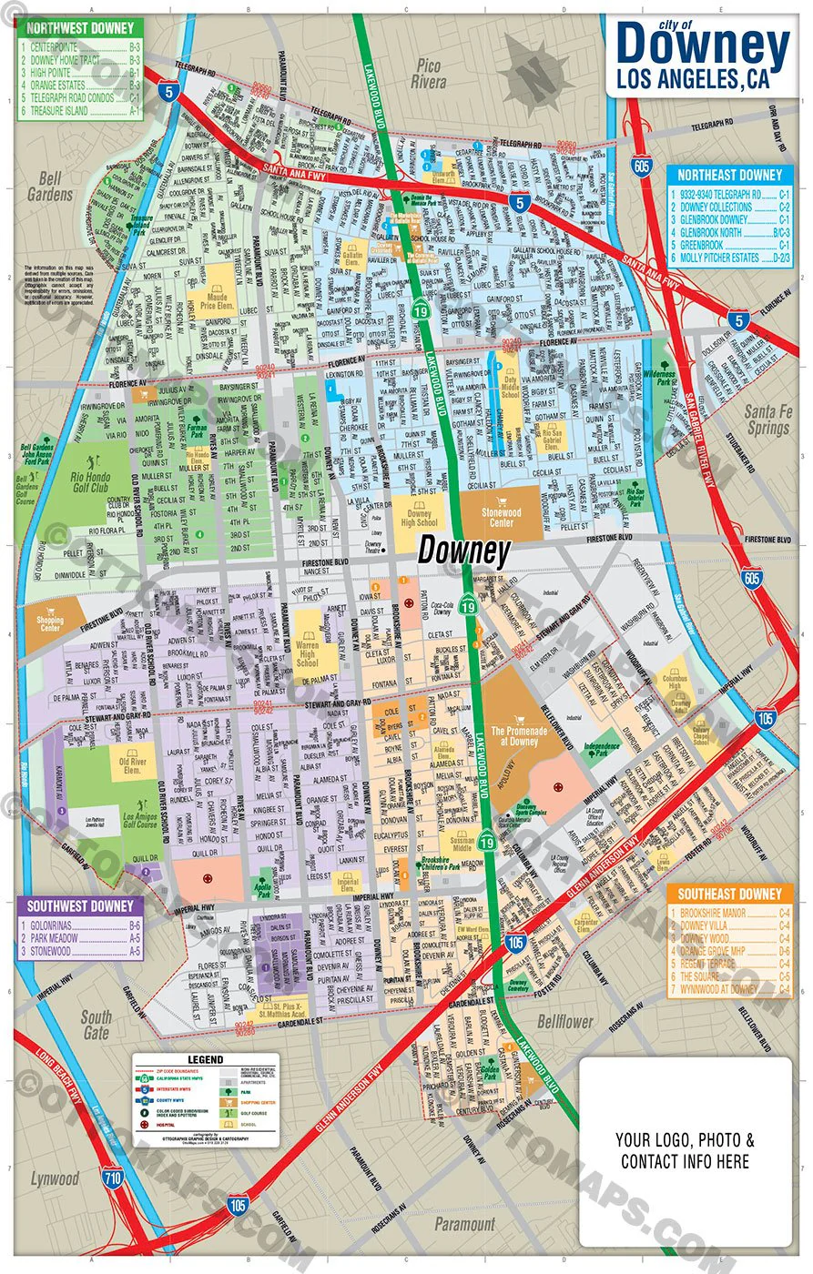 Downey Map, Los Angeles County, CA - FILES - PDF and AI, editable, vector, royalty free