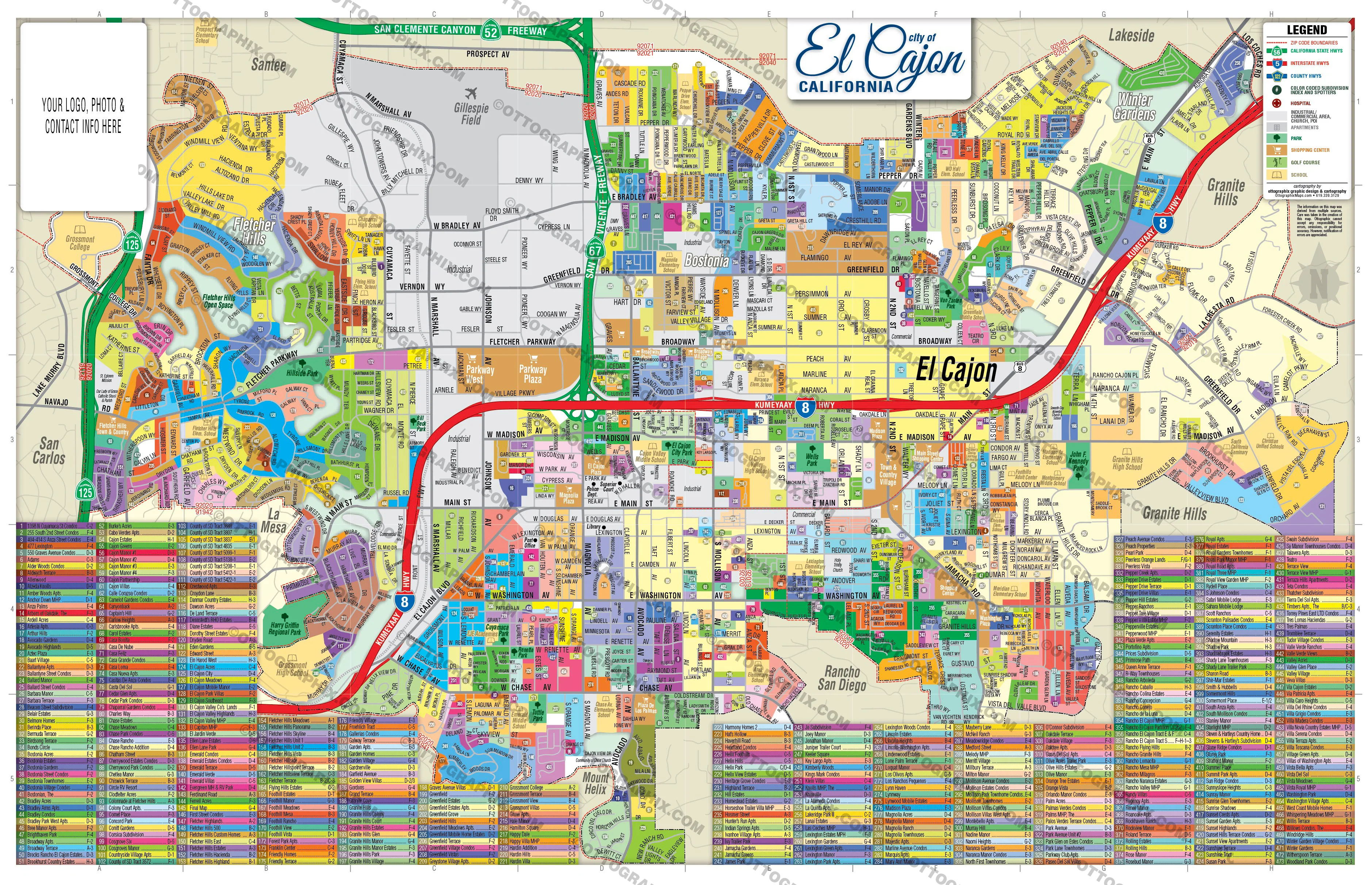 El Cajon Map (3 versions: Full, East & West), San Diego County, CA - FILES - PDF and AI, editable, vector, royalty free