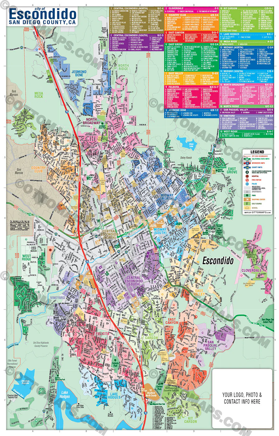 Escondido Map, San Diego County, CA - FILES - PDF and AI, editable, vector, royalty free