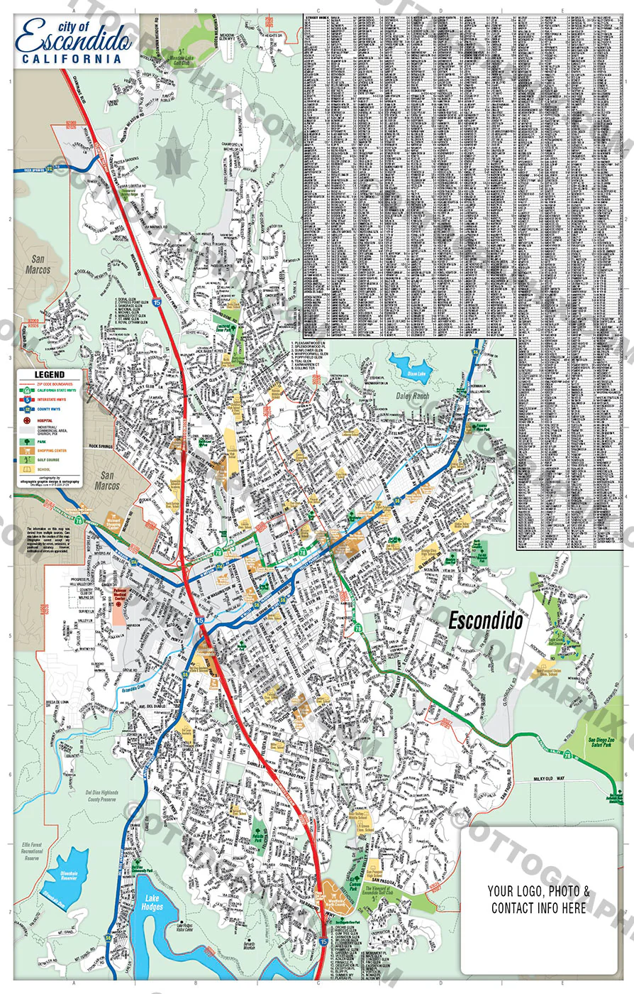 Escondido Map with Street Index, San Diego County, CA - FILES - PDF and AI, editable, vector, royalty free