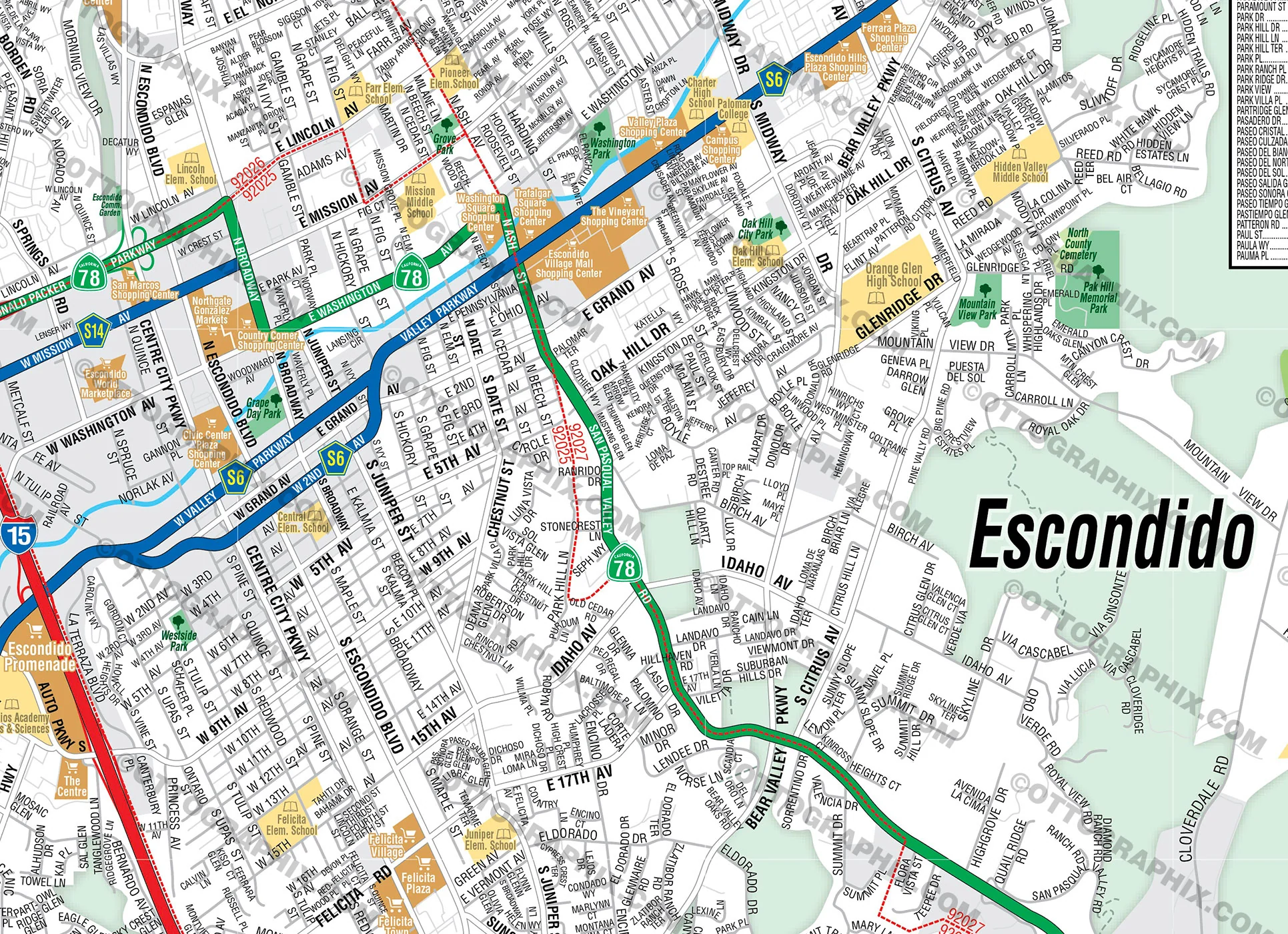 Escondido Map with Street Index, San Diego County, CA - FILES - PDF and AI, editable, vector, royalty free - Image 2