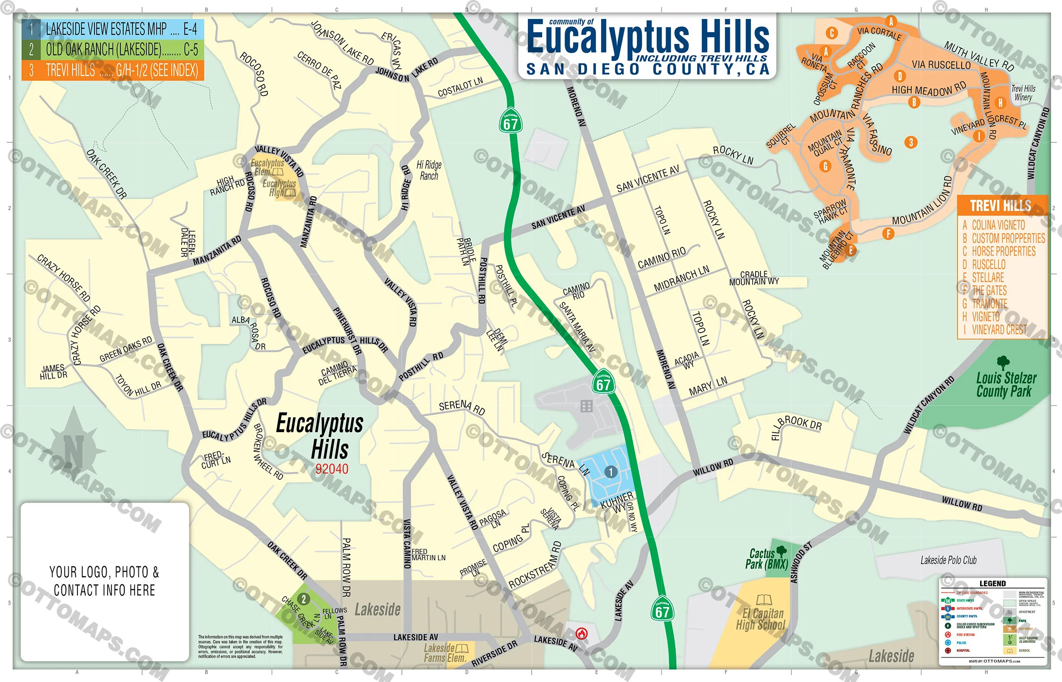 Eucalyptus Hills Map, San Diego County, CA - FILES - PDF and AI, editable, vector, royalty free