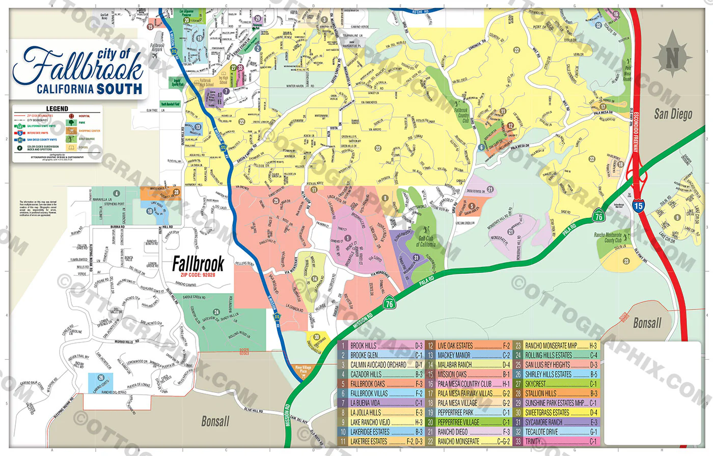 Fallbrook Map SOUTH, San Diego County, CA - FILES - PDF and AI, editable, vector, royalty free
