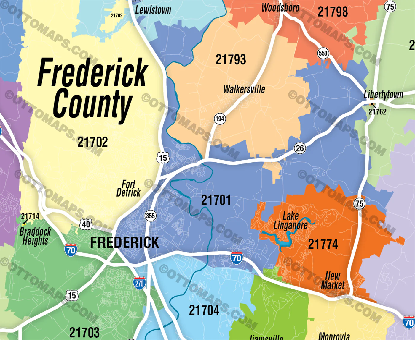 Frederick County Zip Code Map, MD - FILES - PDF and AI Files, editable, vector, royalty free - Image 3