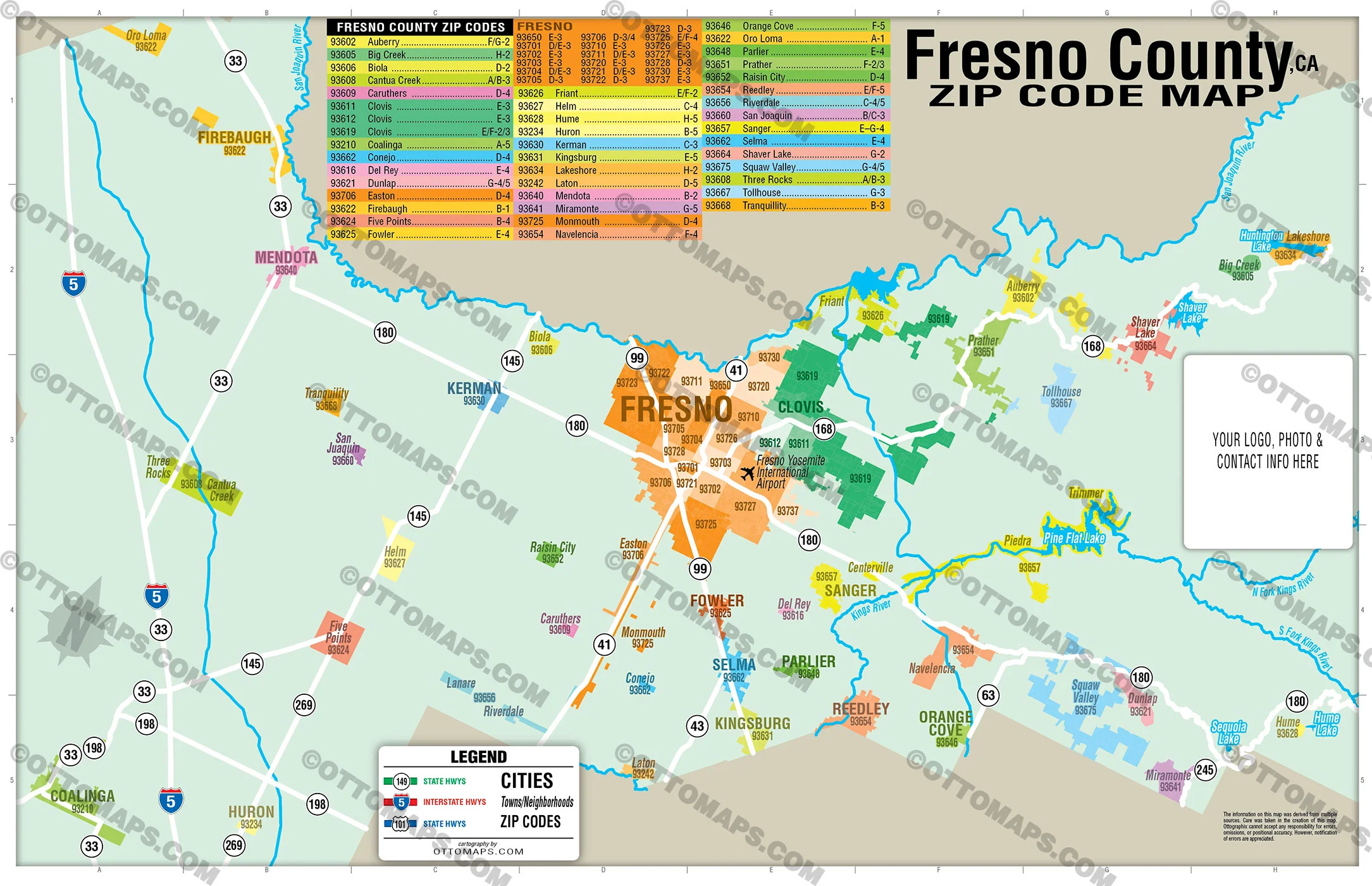Fresno County Zip Code Map - California - FILES - PDF and AI, editable, vector, royalty free