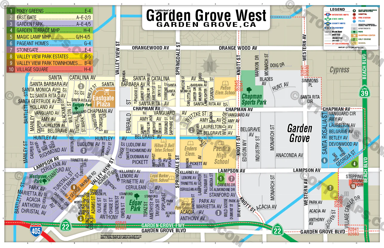 Garden Grove West Map, Orange County, CA - FILES - PDF and AI Files, editable, vector, royalty free