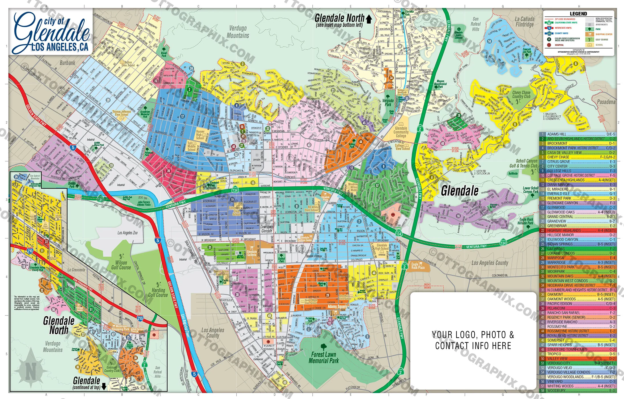 Glendale Map, Los Angeles County, CA - FILES - PDF and AI, editable, vector, royalty free