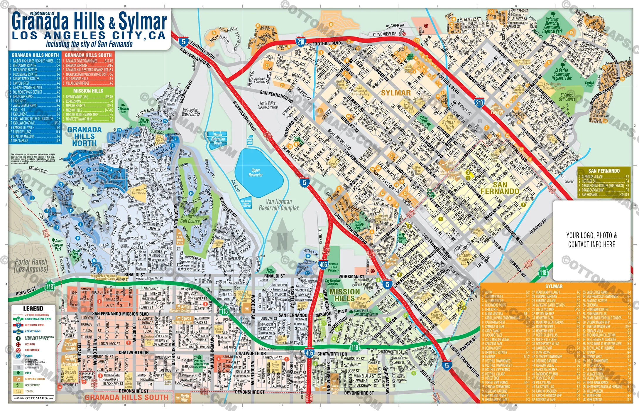 Granada Hills and Sylmar Map, includes San Fernando, Los Angeles, CA - FILES - PDF and AI, editable, vector, royalty free