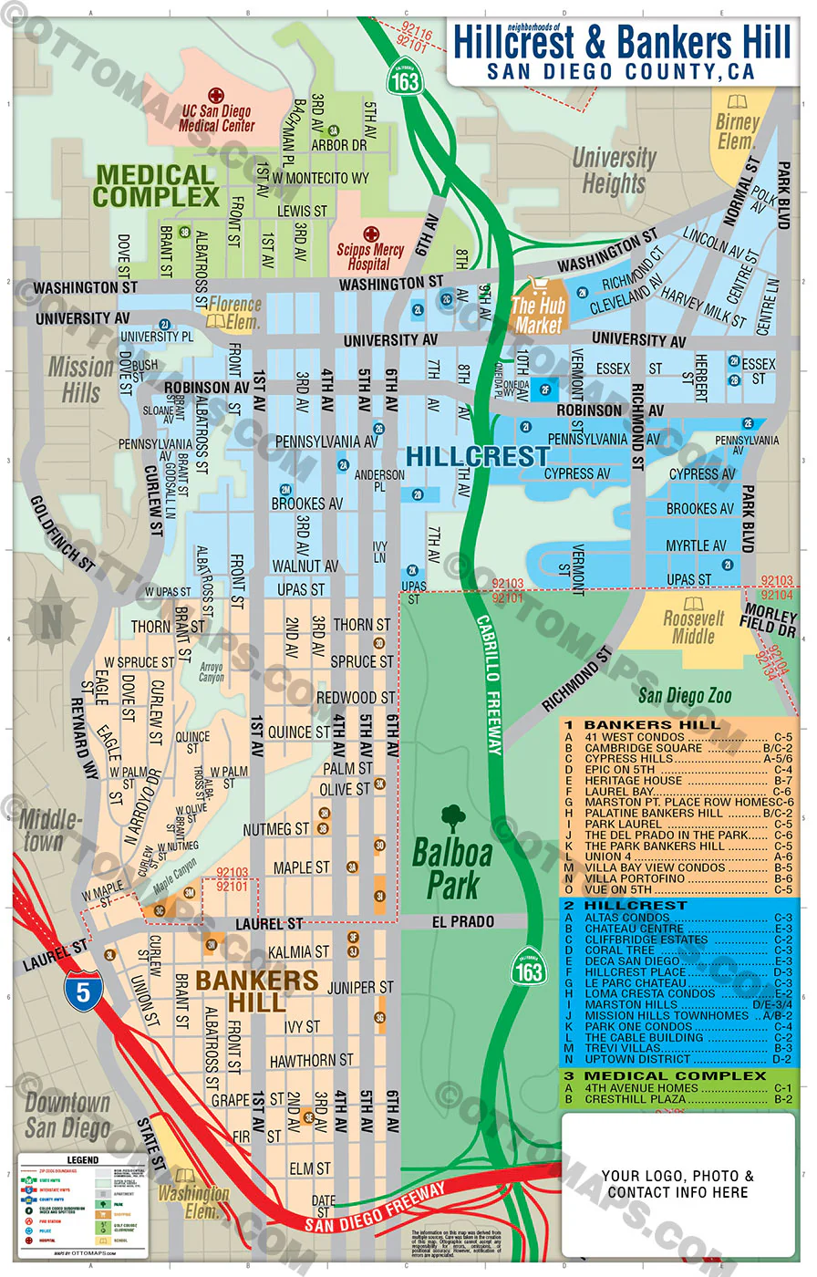 Hillcrest and Bankers Hill Map, San Diego, CA - FILES - PDF and AI, editable, vector, royalty free