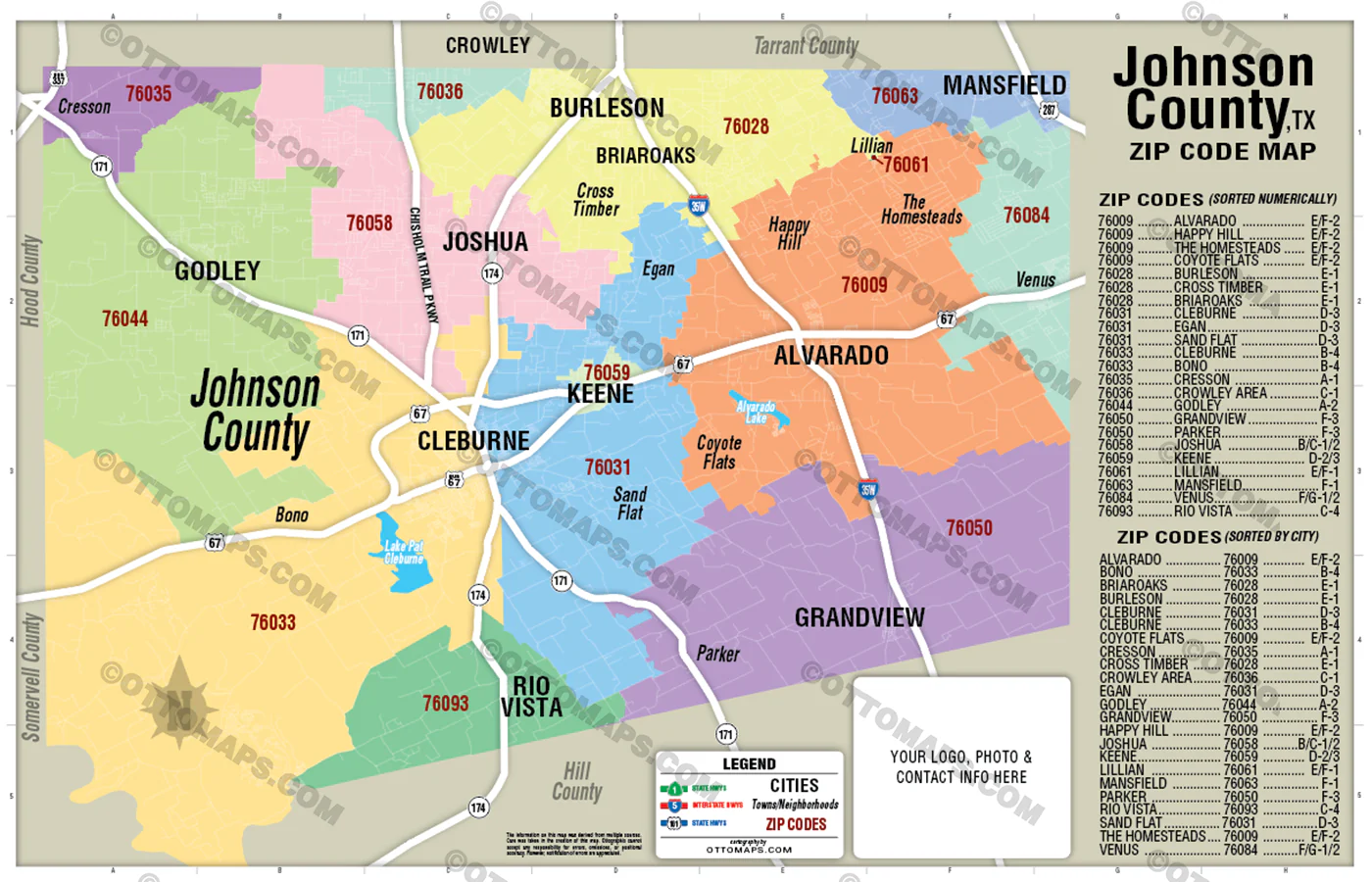 Johnson County, TX Zip Code Map - FILES - PDF and AI Files, editable, vector, royalty free