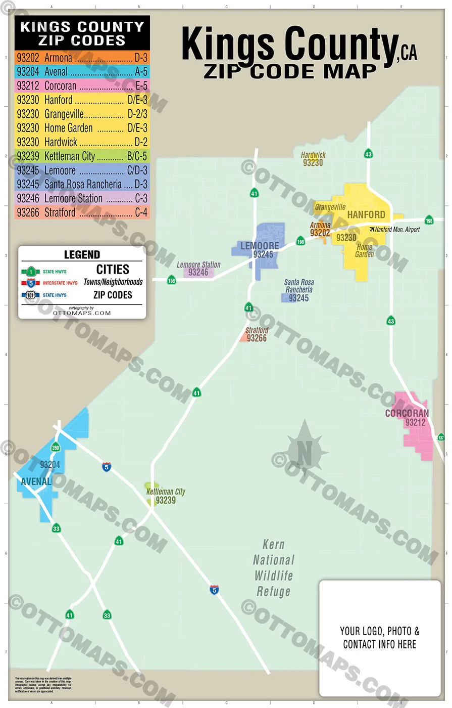 Kings County Zip Code Map - California - FILES - PDF and AI, editable, vector, royalty free