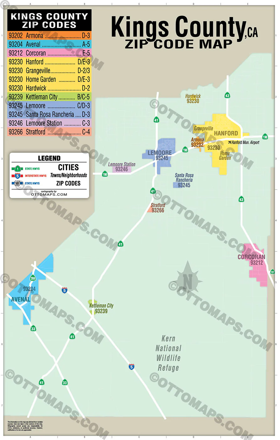 Kings County Zip Code Map - California - FILES - PDF and AI, editable, vector, royalty free - Image 3