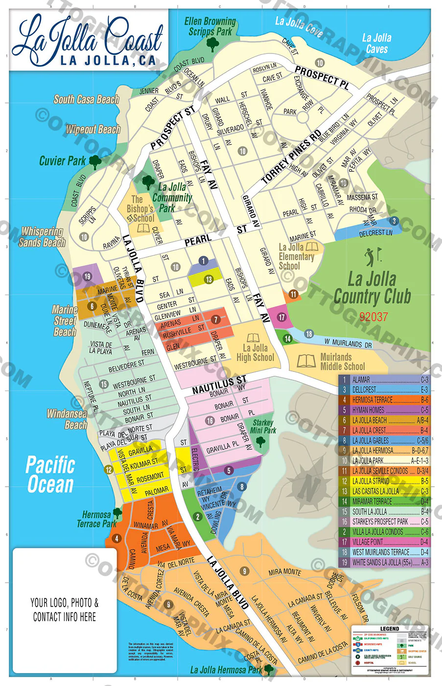 La Jolla Coast Map, San Diego County, CA - FILES - PDF and AI, editable, vector, royalty free
