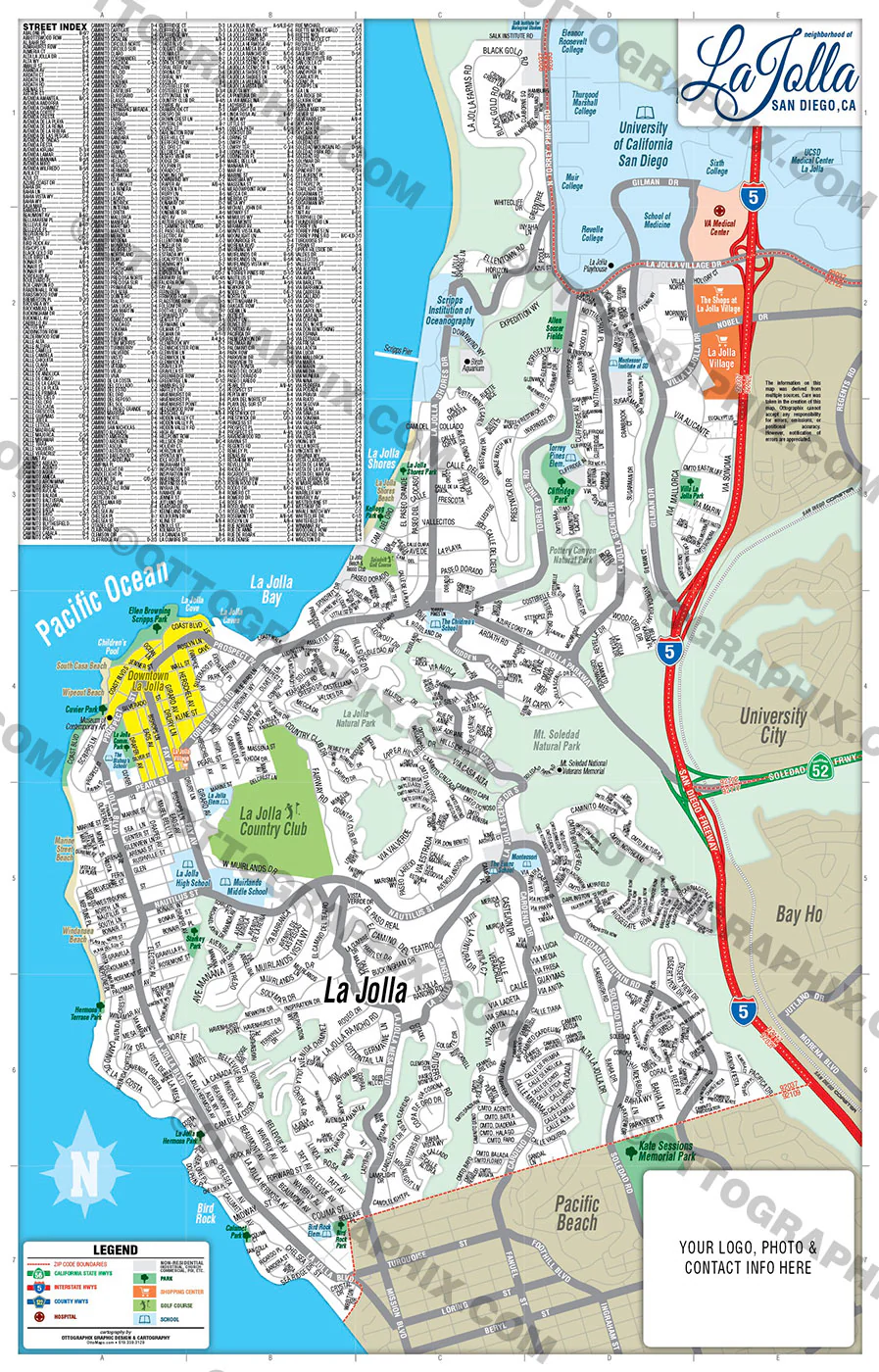 La Jolla Map with Street Index, San Diego County, CA - FILES - PDF and AI, editable, vector, royalty free