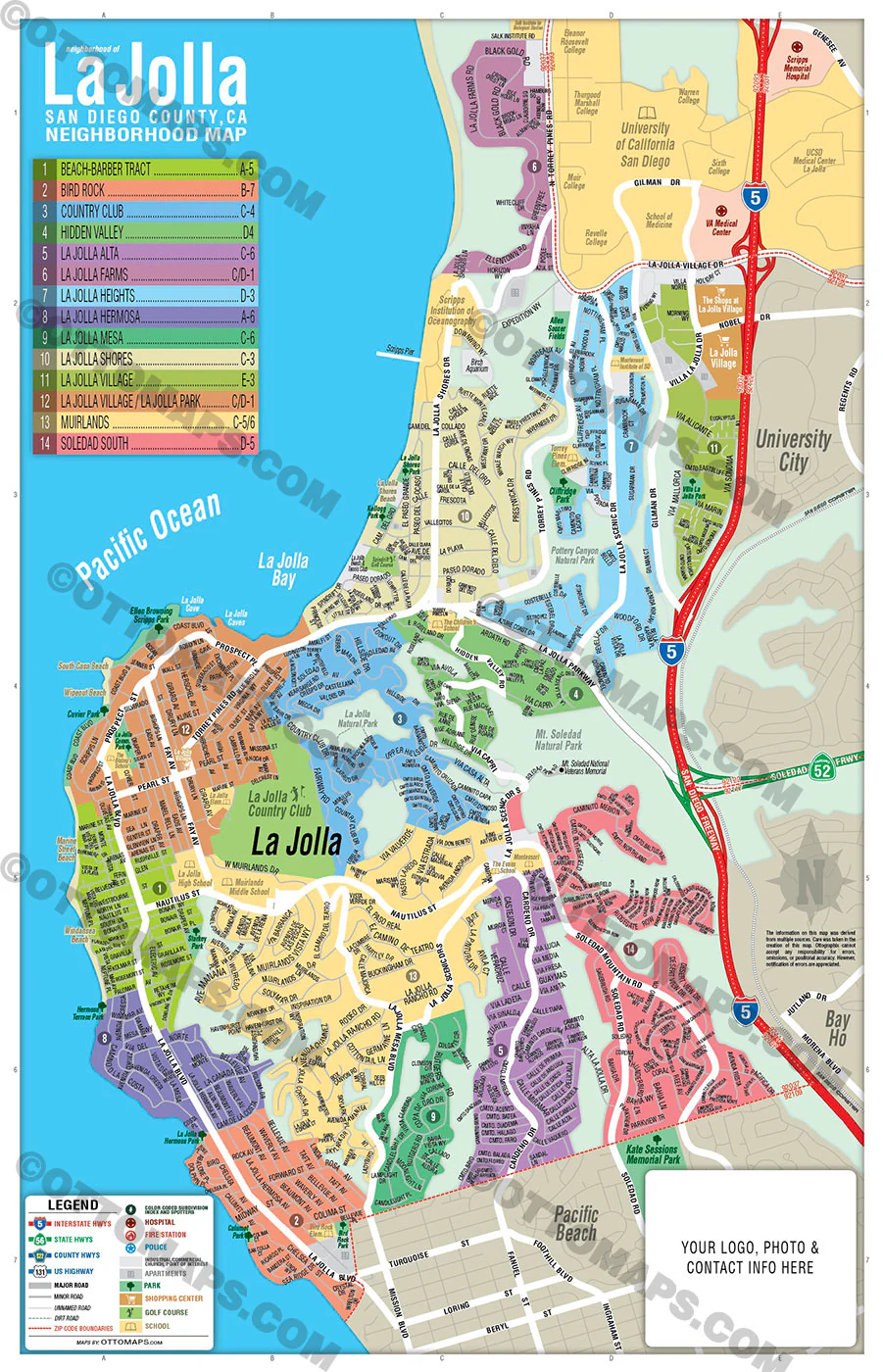La Jolla Neighborhood Map, San Diego County - FILES - PDF and AI, editable, vector, royalty free