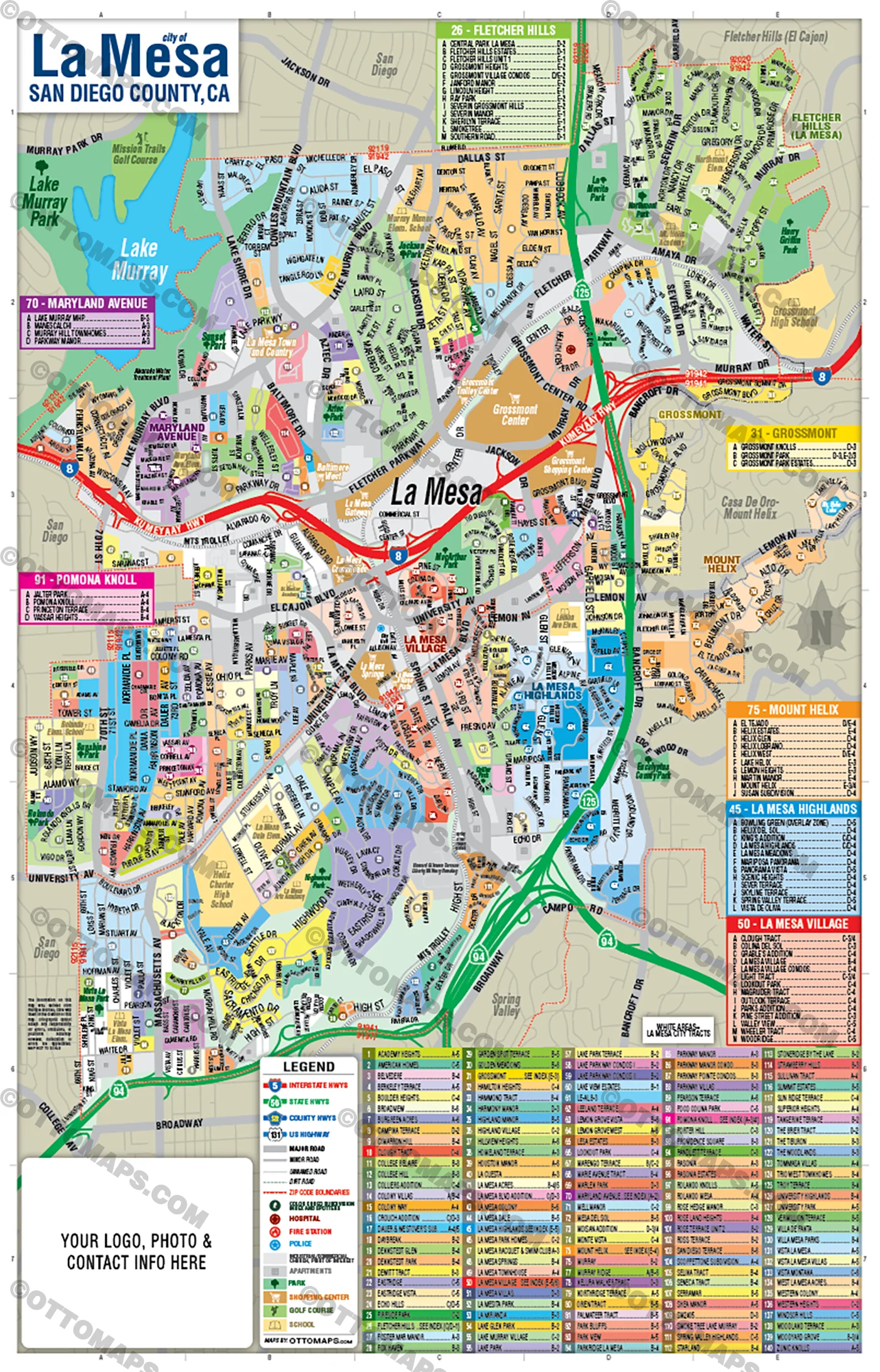 La Mesa Map, San Diego County, CA - FILES - PDF and AI, editable, vector, royalty free