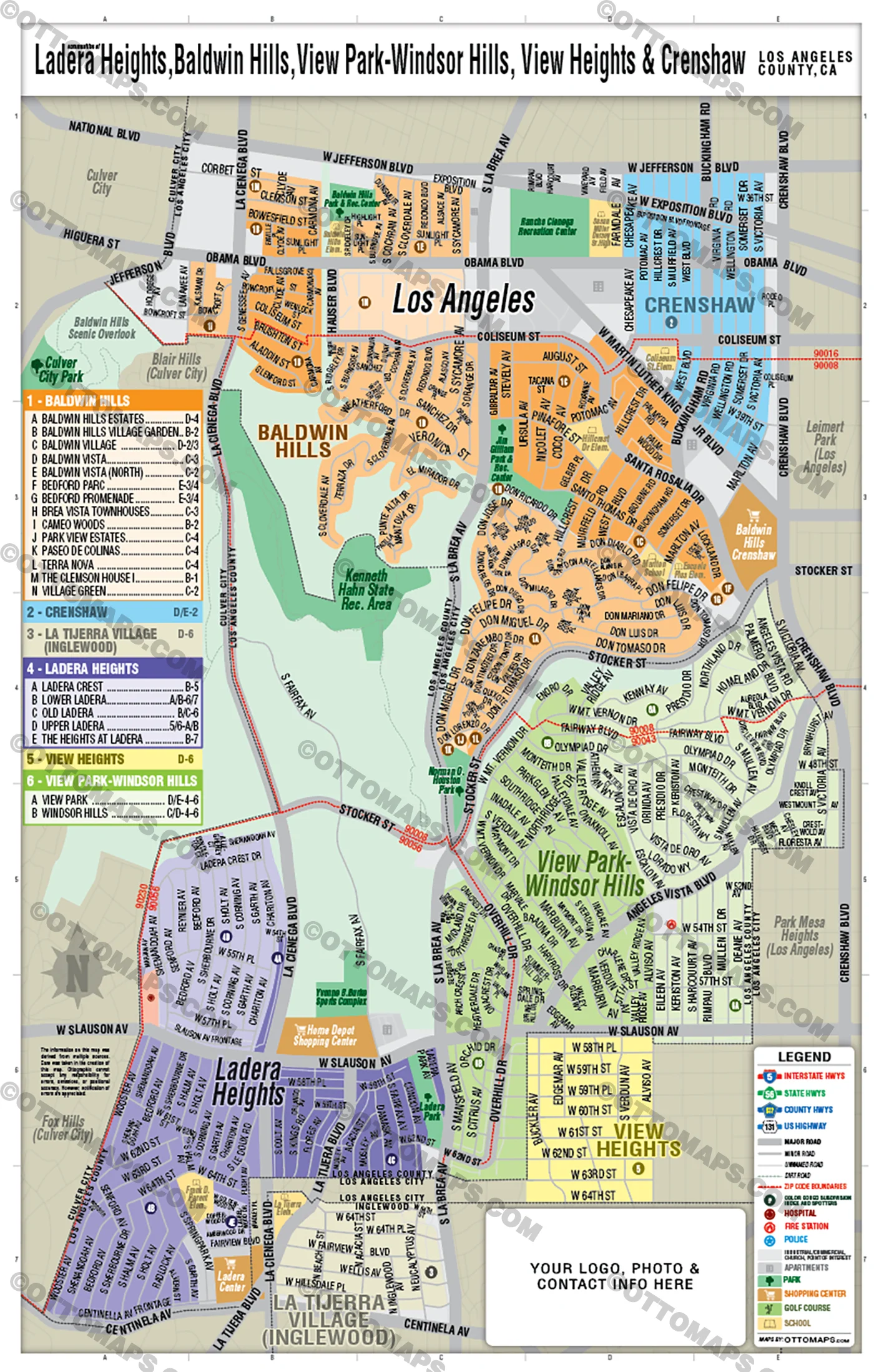 Ladera Heights, Baldwin Hills, View Park-Windsor Hills, View Heights and Crenshaw Map, LA County, CA - FILES - PDF and AI Files, editable, vector, royalty free