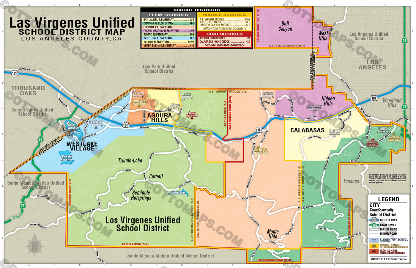 Las Virgenes Unified School District Map, Los Angeles County, CA - POSTER PRINTS - Image 2