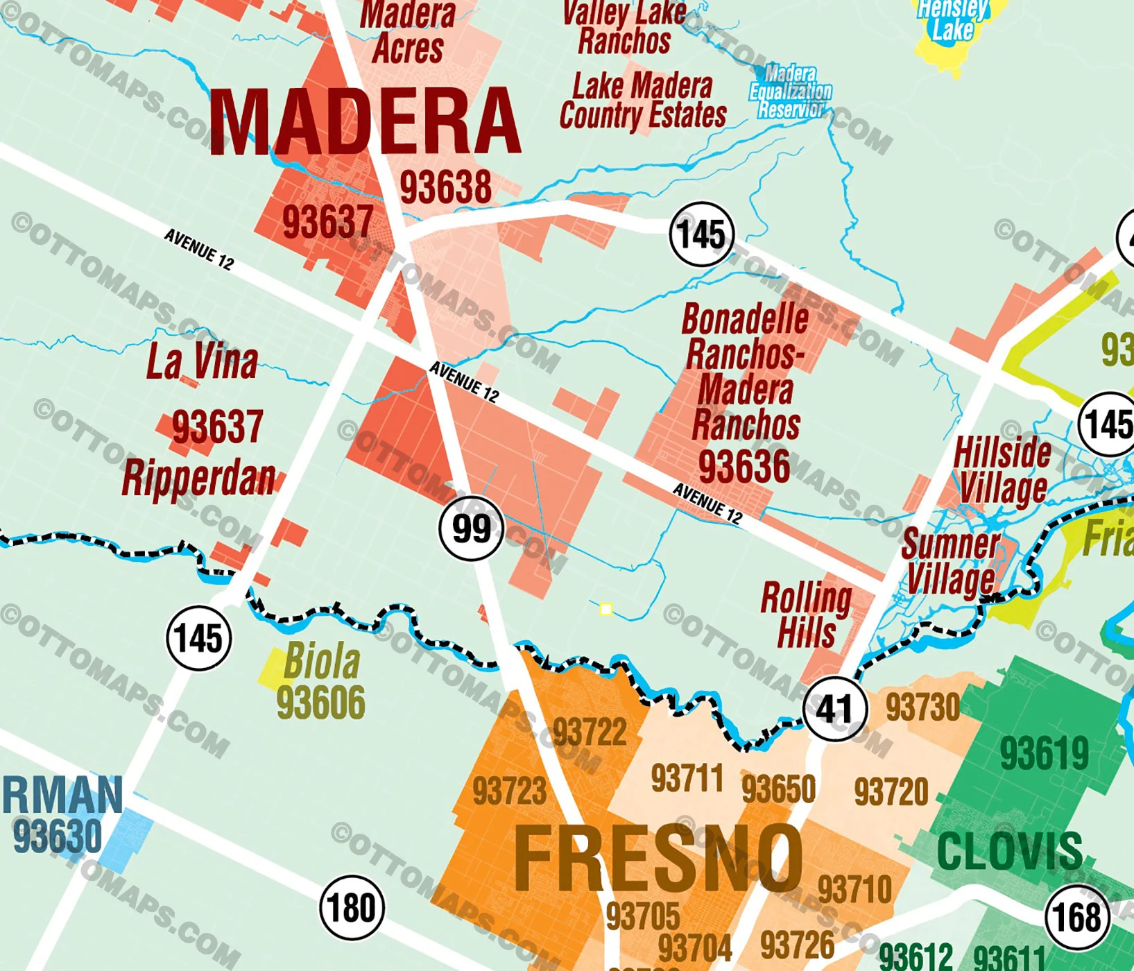 Madera and Fresno Counties Zip Code Map - California - FILES - PDF and AI, editable, vector, royalty free - Image 2