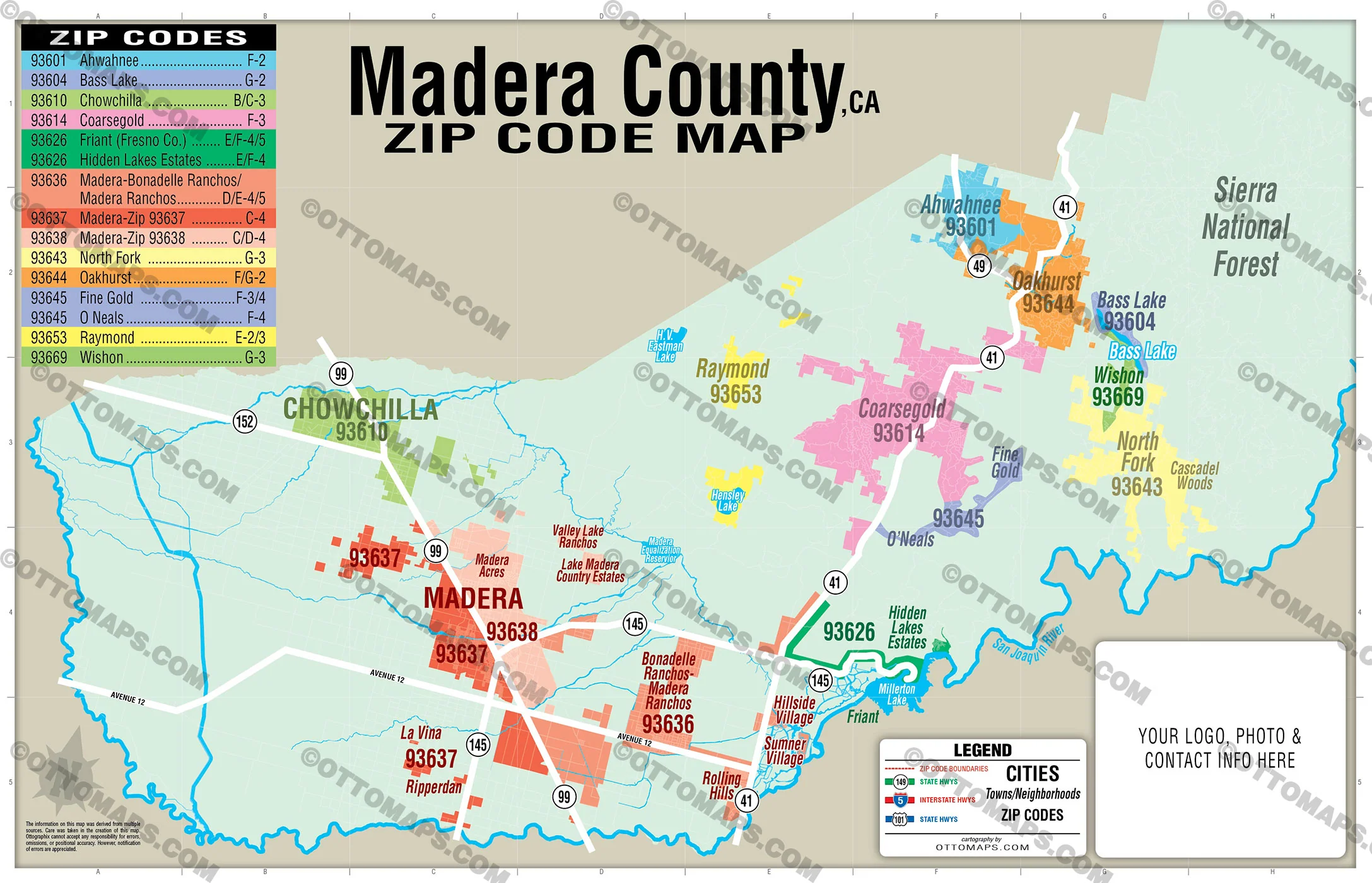 Madera County Zip Code Map - California - FILES - PDF and AI, editable, vector, royalty free