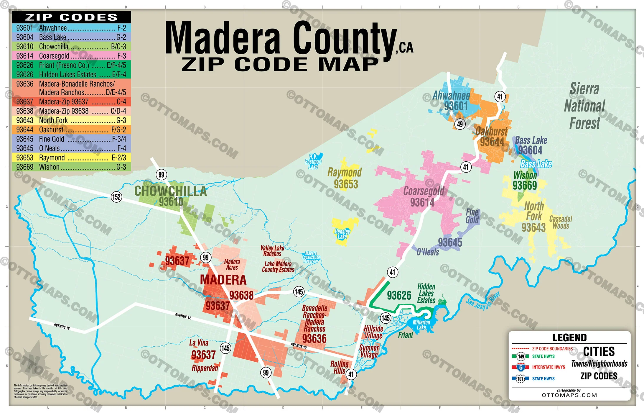 Madera County Zip Code Map - California - FILES - PDF and AI, editable, vector, royalty free - Image 3