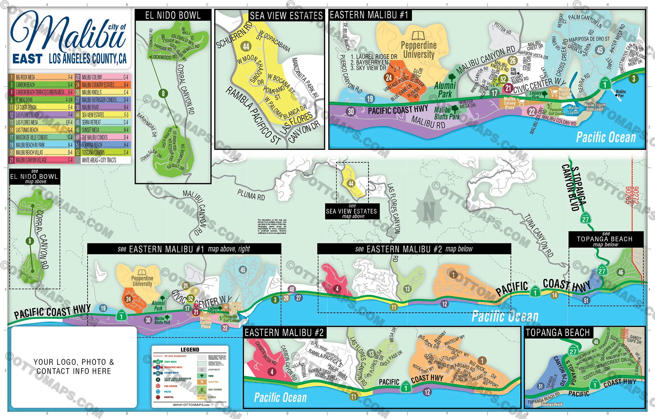 Malibu Map - EAST, Los Angeles County, CA - FILES - PDF and AI, editable, vector, royalty free