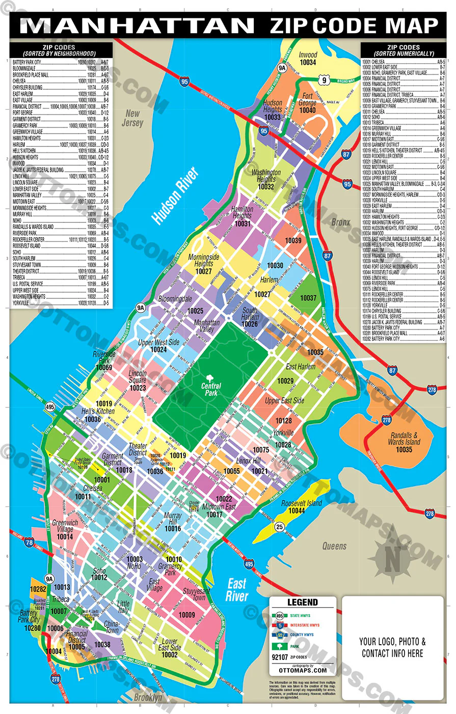 Manhattan Zip Code Map - Zip Codes colorized - FILES - PDF and AI Files, editable, vector, royalty free - Image 3