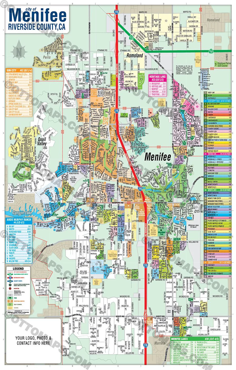 Menifee Map, Riverside County, CA - FILES - PDF and AI, editable, vector, royalty free