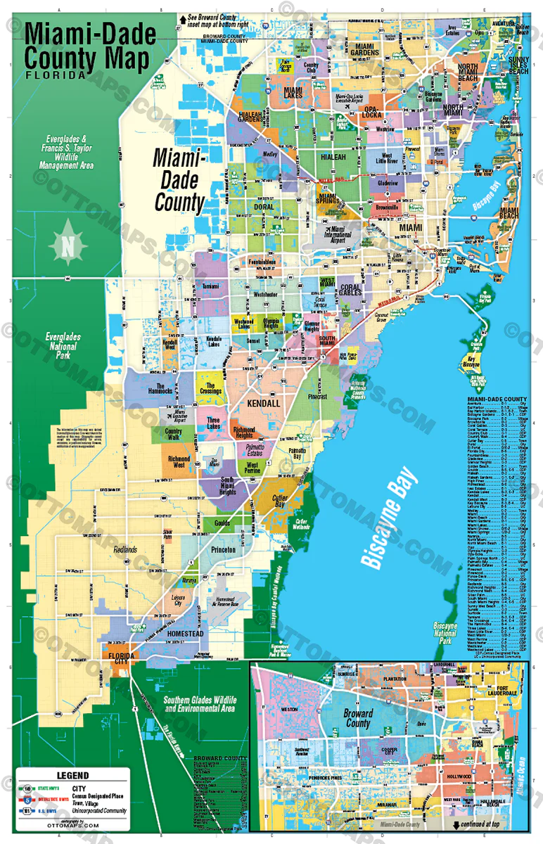 Miami Dade County Map with Broward County Inset Map - POSTER PRINTS - Image 2