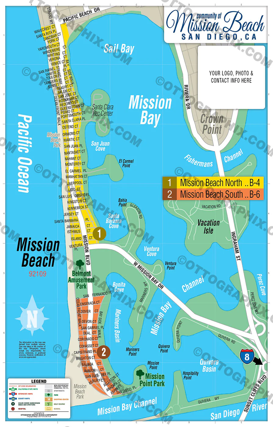 Mission Beach Map, San Diego County, CA - FILES - PDF and AI, editable, vector, royalty free