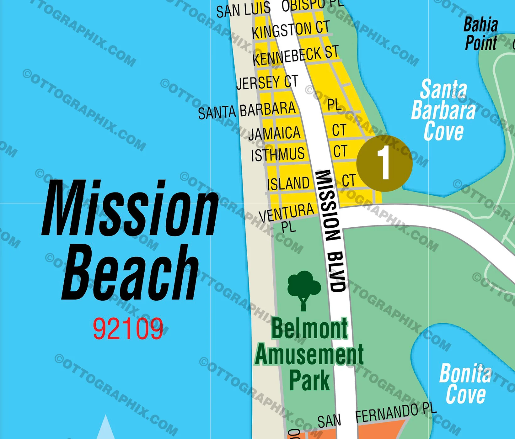 Mission Beach Map, San Diego County, CA - FILES - PDF and AI, editable, vector, royalty free - Image 2
