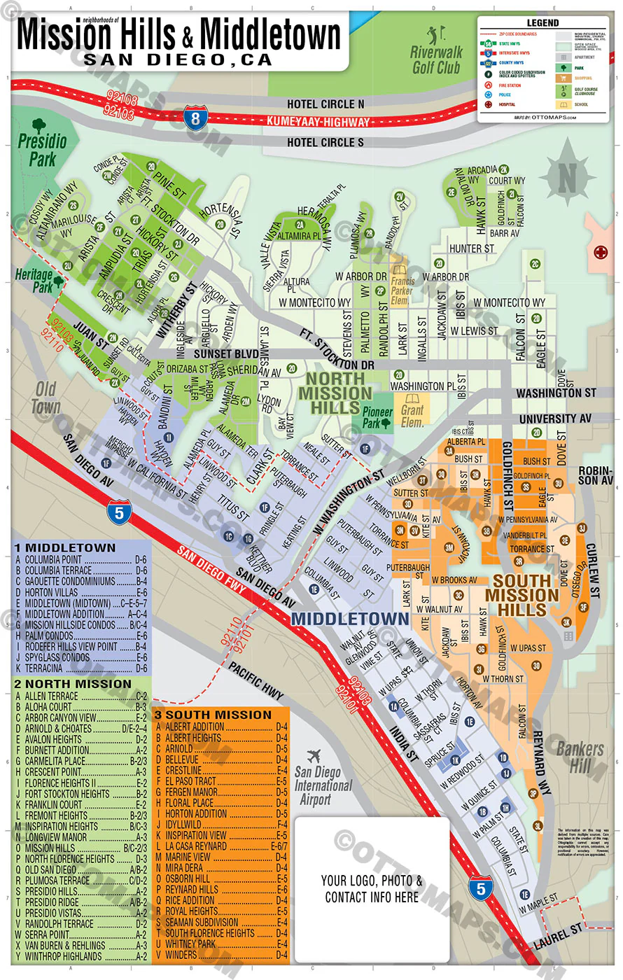 Mission Hills Map and Middletown San Diego Map - FILES - PDF and AI, editable, vector, royalty free