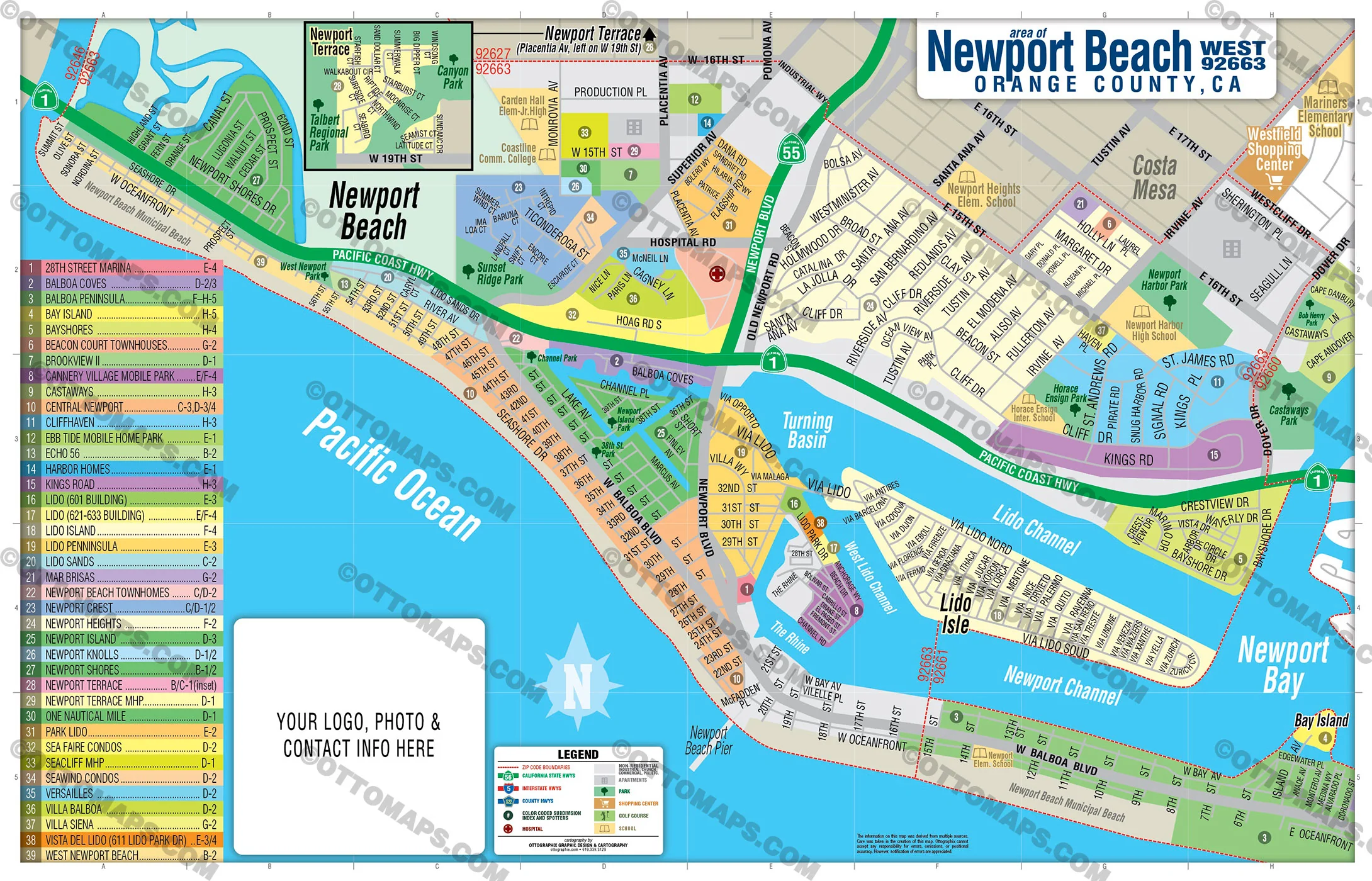 Newport Beach West Map, Orange County, CA - FILES - PDF and AI, editable, vector, royalty free