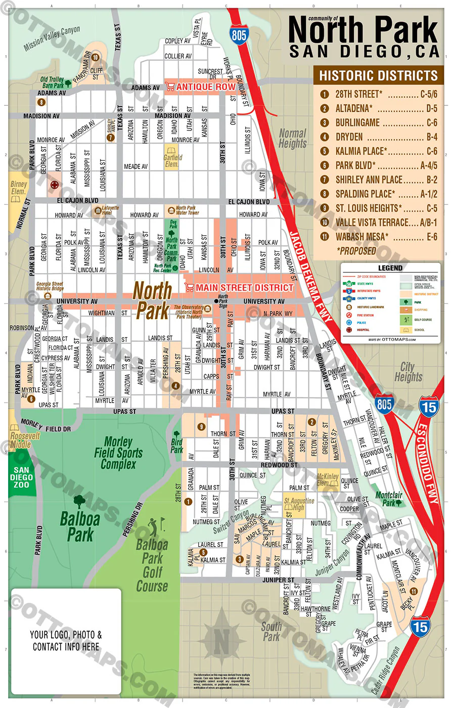 North Park Tourist Map, San Diego, CA - FILES - PDF and AI, editable, vector, royalty free