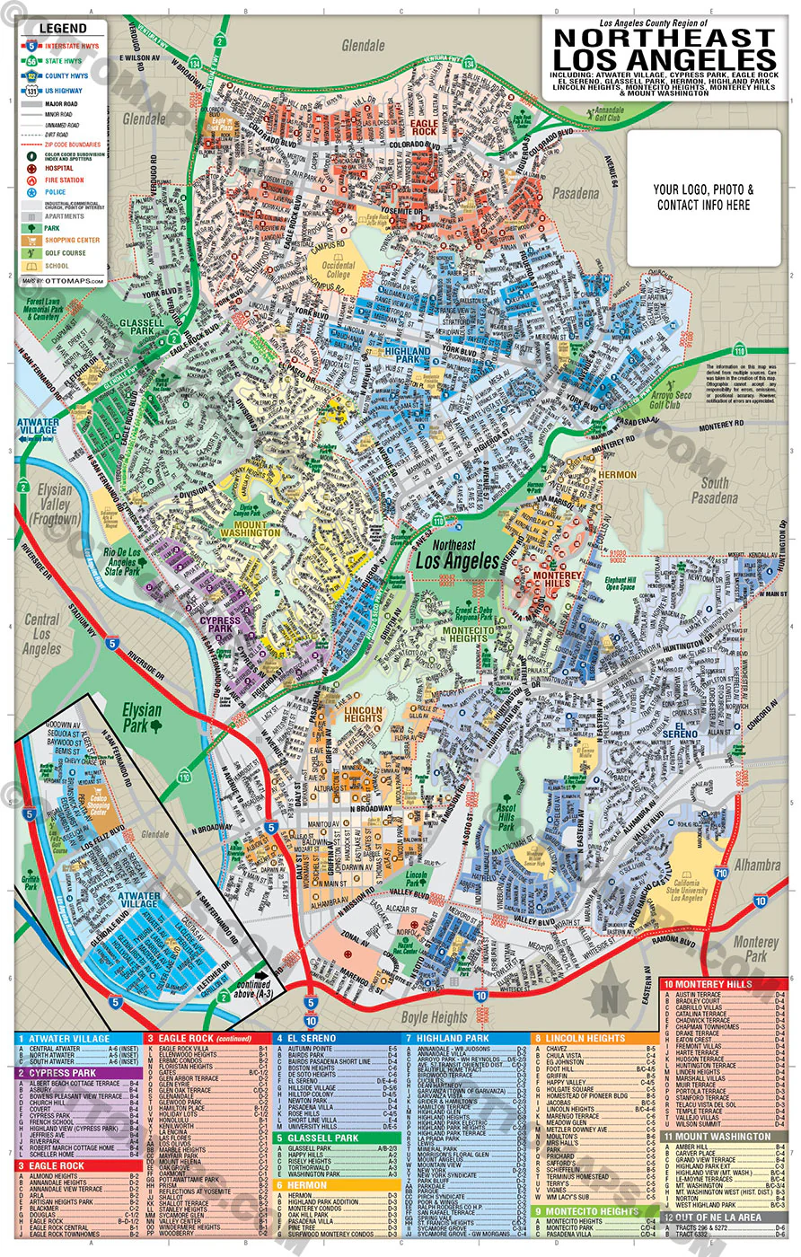 Northeast Los Angeles Map with Neighborhoods and Subdivisions - FILES - PDF and AI, editable, vector, royalty free