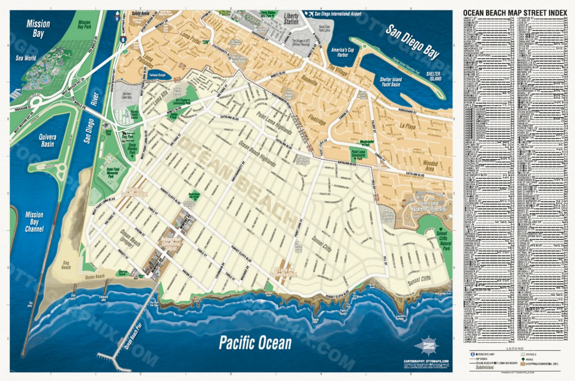 Ocean Beach Map with Street Index, San Diego, CA - POSTER PRINTS