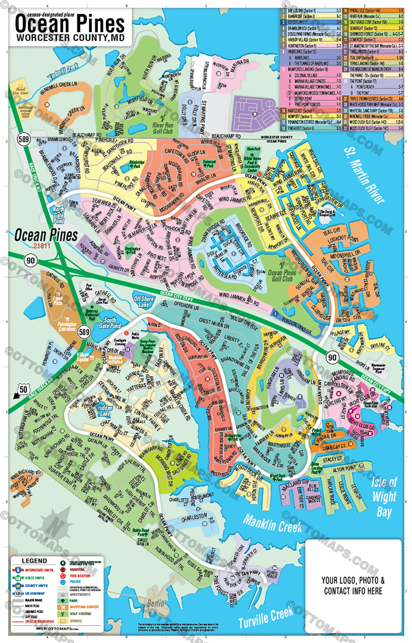 Ocean Pines Map, Worcester County, MD - FILES - PDF and AI Files, editable, vector, royalty free - Image 3
