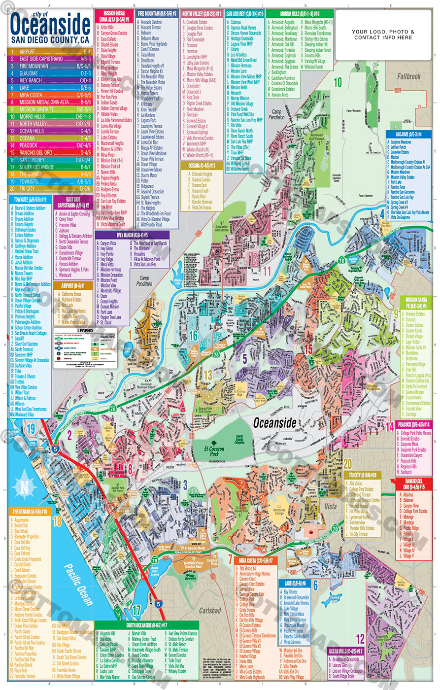 Oceanside Map, San Diego County, CA - FILES - PDF and AI, editable, vector, royalty free